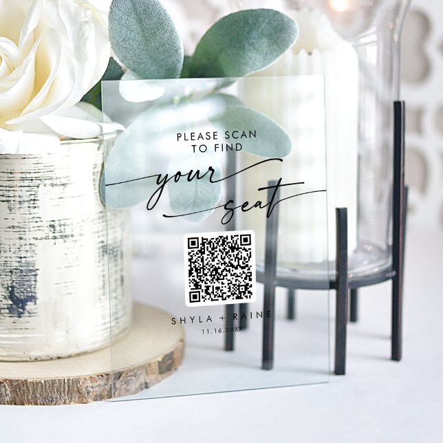 Panneau En Acrylique Panneau Boho QR Clear Acrylique Mariage de siège (Boho QR Clear Acrylic Wedding Seating Chart Sign)