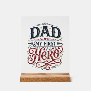 Panneau En Acrylique Papa Mon Premier Héros Chemise Vintage Typographie