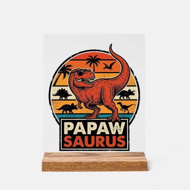 Panneau En Acrylique Papawsaurus Rétro Dinosaure Coucher de Soleil Vect (Recto)