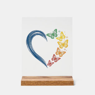 Panneau En Acrylique Papillon arc-en-ciel cœur design de gravure vintag