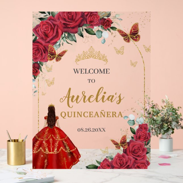 Panneau En Acrylique Papillons rouges Floral Quinceañera Princess Gold (Mariage)