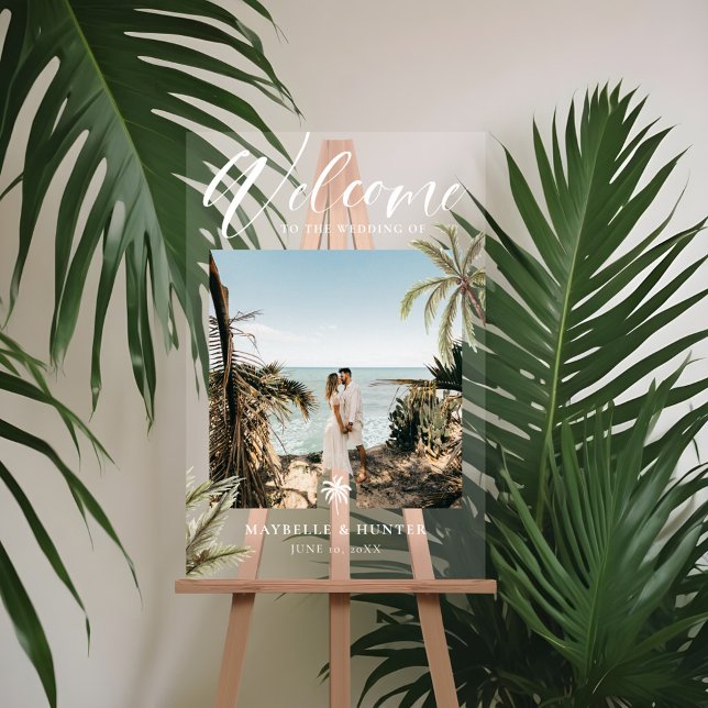 Panneau En Acrylique Paradis tropical Palmiers Mariage Photo Bienvenue (Tropical Paradise Palm Trees Wedding Photo Welcome Acrylic Sign)