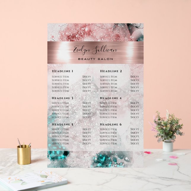 Panneau En Acrylique Parties scintillant Aquarelle Rose Gold Foil Tarif (Mariage)