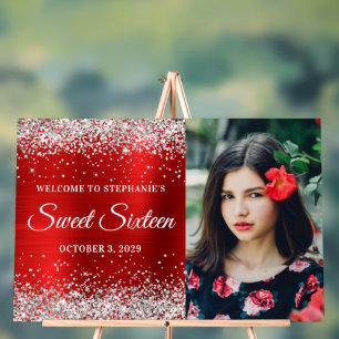 Panneau En Acrylique Parties scintillant d'argent Sweet sixteen rouge à