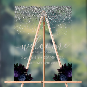 Panneau En Acrylique Parties scintillant Moody foncé Silver Navy Floral