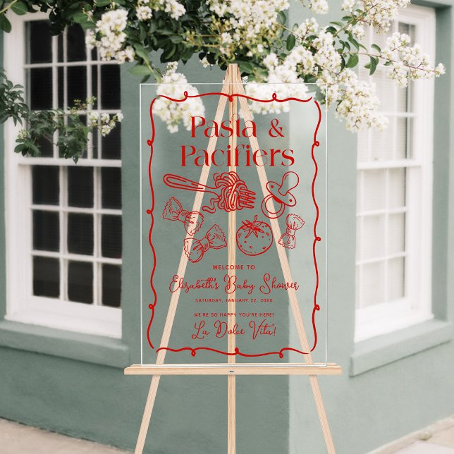 Panneau En Acrylique Pasta & Pacifiers Italian Baby Shower Welcome (Pasta & Pacifiers Italian Baby Shower Welcome Acrylic Sign)
