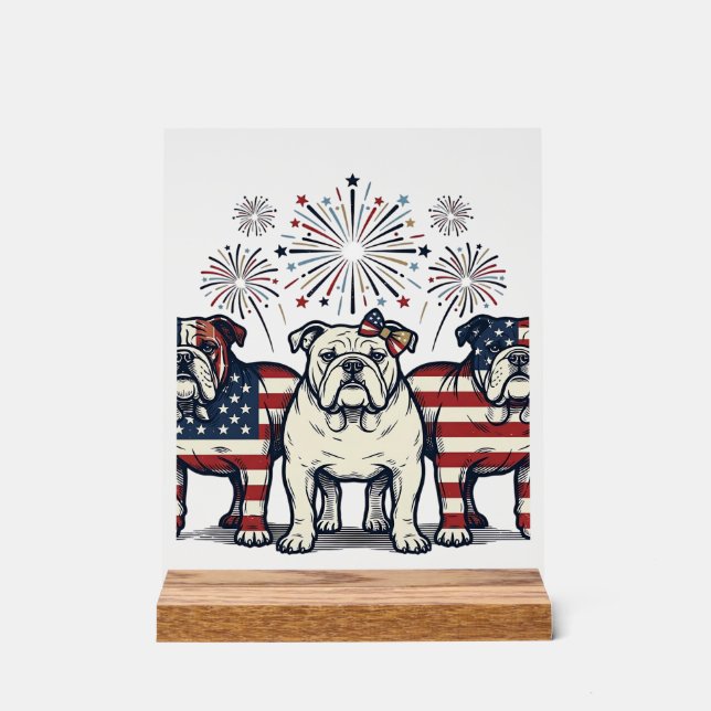 Panneau En Acrylique Patriotic Bulldog Fireworks Vintage Engraving Desi (Recto)