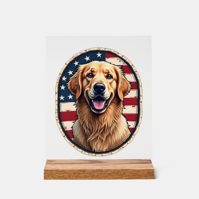 Panneau En Acrylique Patriotic Golden Retriever Badge Vintage Tee 4 (Recto)