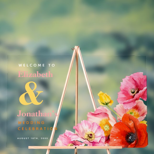 Panneau En Acrylique Pavots orange jaune rose pêche moderne Bienvenue (Neutre)