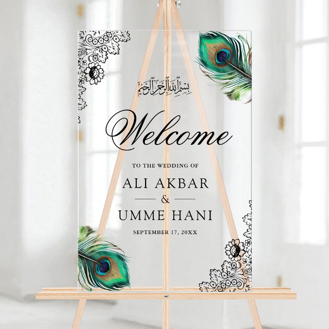 Panneau En Acrylique Peacock Feathers Lace Muslim Wedding Welcome (Créateur téléchargé)