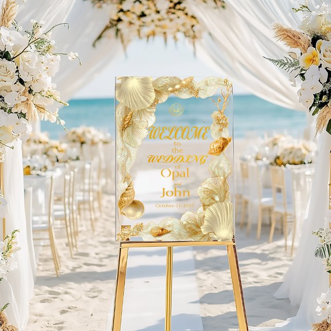 Panneau En Acrylique Pearl & Gold Seashell Welcome Wedding Acrylic Sign (Chic Modern Ivory Pearl and Gold Coastal Wedding Welcome Acrylic Sign)