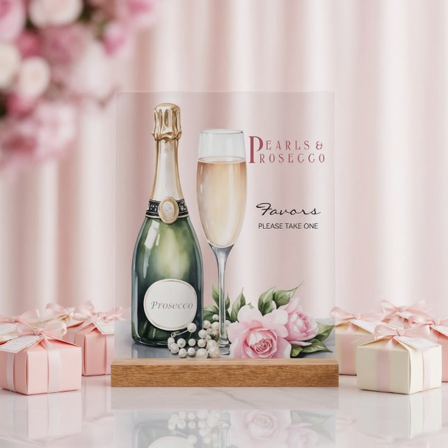 Panneau En Acrylique Pearls And Prosecco Bridal Shower Favors (Front view pearls and prosecco bridal shower romantic pink fairytale elegant favors acrylic sign)