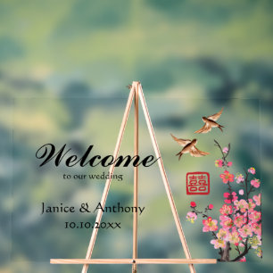 Panneau En Acrylique Peinture à l'encre chinoise fleurs oiseaux mariage