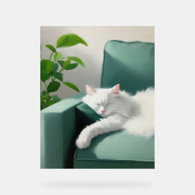 Panneau En Acrylique Peinture de chat dormant sur un canapé vert (Recto)