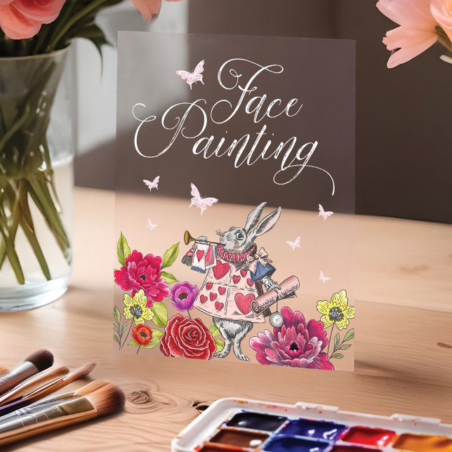 Panneau En Acrylique Peinture Visage Alice Au Pays Des Merveilles Lapin (Face Painting Alice In Wonderland White Rabbit Acrylic Sign)