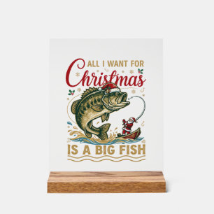 Panneau En Acrylique Père Noël Bateau Pêche Poisson Grande Bass Noël