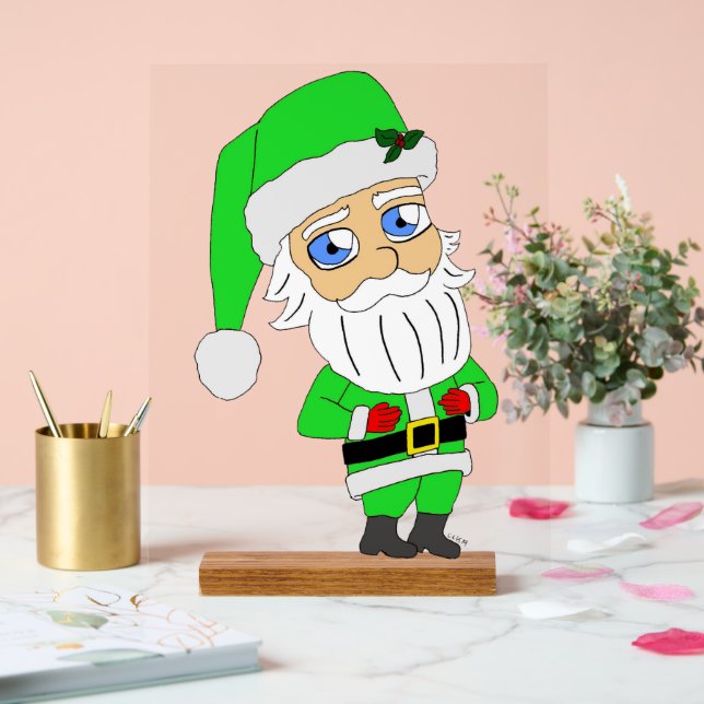 Panneau En Acrylique Père Noël chibi en costume vert (Mariage)