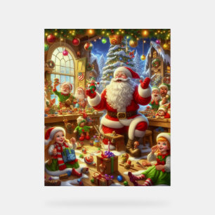 Panneau En Acrylique Père Noël dans son atelier de Noël avec des jouets