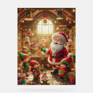 Panneau En Acrylique Père Noël et ses Elfes dans l'Atelier de Noël sur 