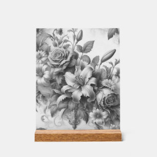 Panneau En Acrylique Perfection florale noire et blanche