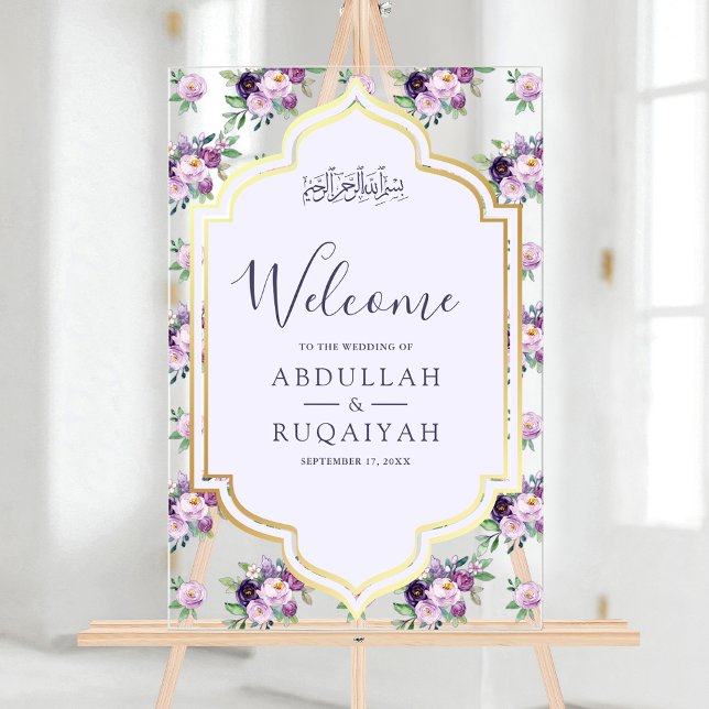 Panneau En Acrylique Periwinkle Floral Gold Muslim Wedding Welcome (Créateur téléchargé)