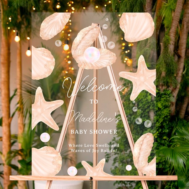 Panneau En Acrylique Petit baby shower de perles de mer agréable accuei (Cute ocean little pearl baby shower welcome acrylic sign)