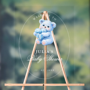 Panneau En Acrylique Petite Fête de Naissance Ourson en Vichy Bleu