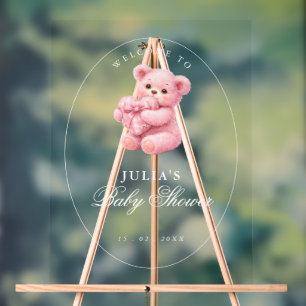 Panneau En Acrylique Petite Ourson Rose à Carreaux Baby Shower