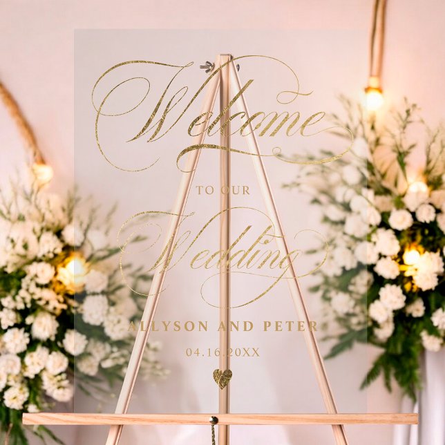 Panneau En Acrylique Photo calligraphie chic or mariage accueil (Photo calligraphy chic gold wedding welcome acrylic sign)
