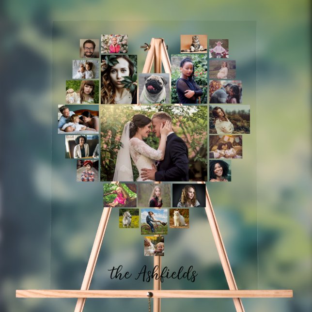 Panneau En Acrylique Photo de famille Collage Coeur 25 Photos Nom perso (Neutre)