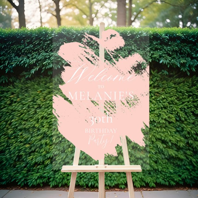 Panneau En Acrylique Pinceau rose pâle Moderne Strot Accueil d'annivers (Blush Pink Brush Modern Stroke Birthday Welcome Acrylic Sign)