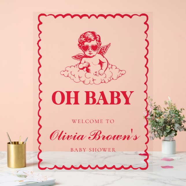 Panneau En Acrylique Pink and Red Retro Cherub Baby Shower (Mariage)