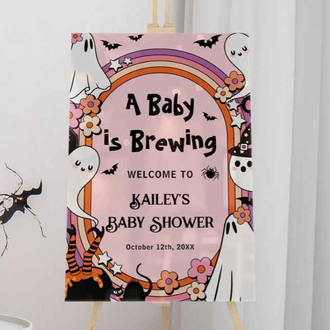 Panneau En Acrylique Pink Baby is Brewing Halloween Baby Shower Welcome (Créateur téléchargé)