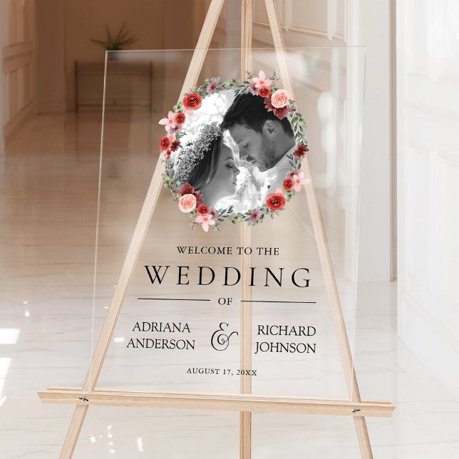 Panneau En Acrylique Pink Burgundy Floral Photo Wedding Welcome Sign (Créateur téléchargé)
