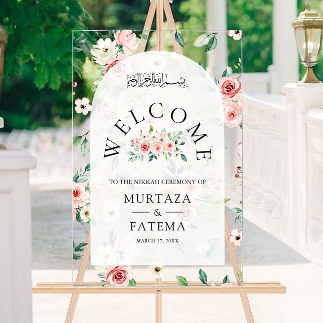 Panneau En Acrylique Pink Floral Arch Muslim Wedding Welcome (Créateur téléchargé)