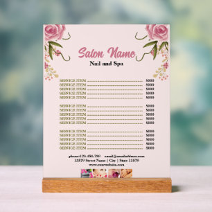 Panneau En Acrylique Pink Floral Beauty Nail Salon Prix du menu