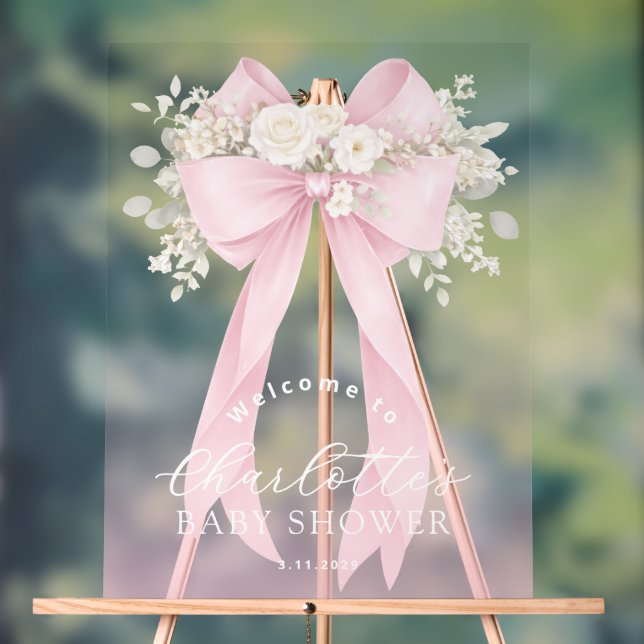Panneau En Acrylique Pink Floral Bow Baby girl Shower Welcome (Neutre)