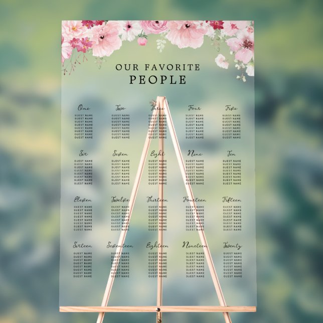 Panneau En Acrylique Pink Floral Wedding 20 Table Seating Chart (Neutre)