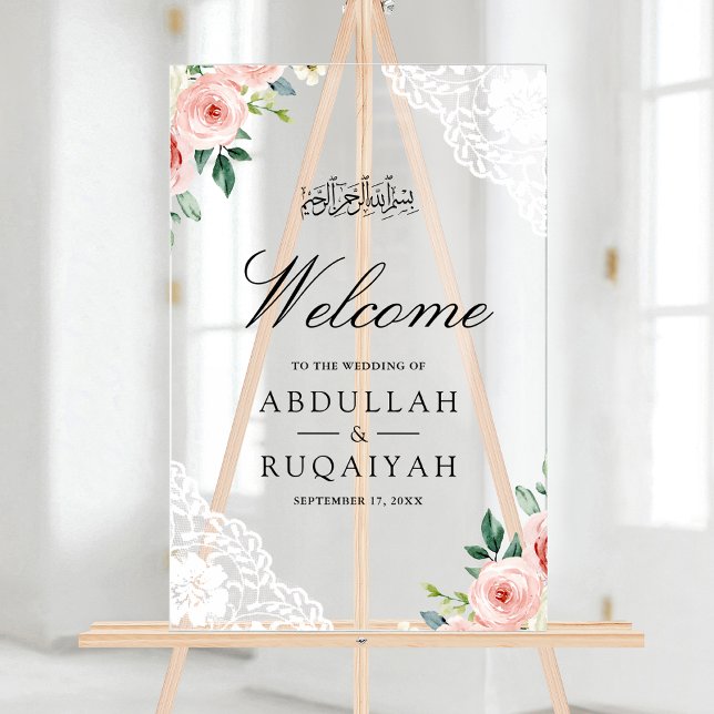 Panneau En Acrylique Pink Floral White Lace Muslim Wedding Welcome (Créateur téléchargé)