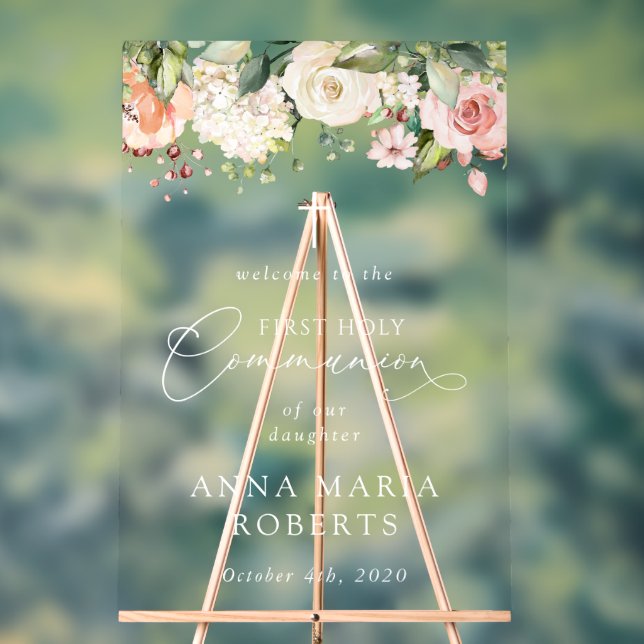 Panneau En Acrylique Pink Flowers, Boho, First Holy Communion Welcome (Neutre)