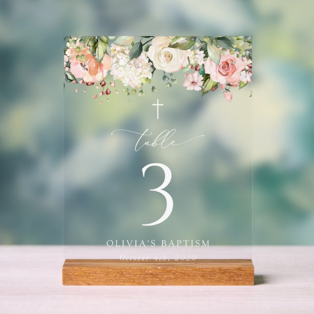 Panneau En Acrylique Pink Flowers, White Flowers, Baptism Table Numbers (Neutre)