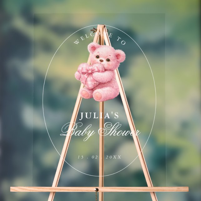 Panneau En Acrylique Pink Gingham Teddy Bear Neutral Baby Shower (Neutre)