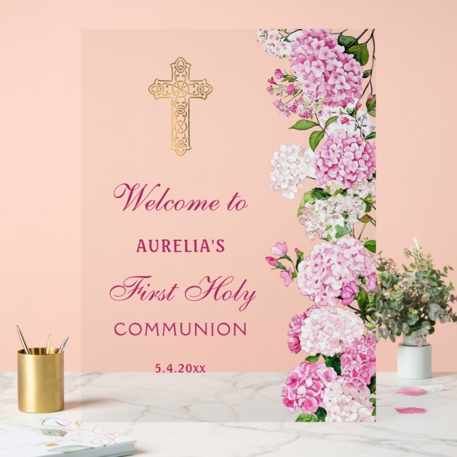 Panneau En Acrylique Pink Hydrangea First Communion Welcome (Mariage)
