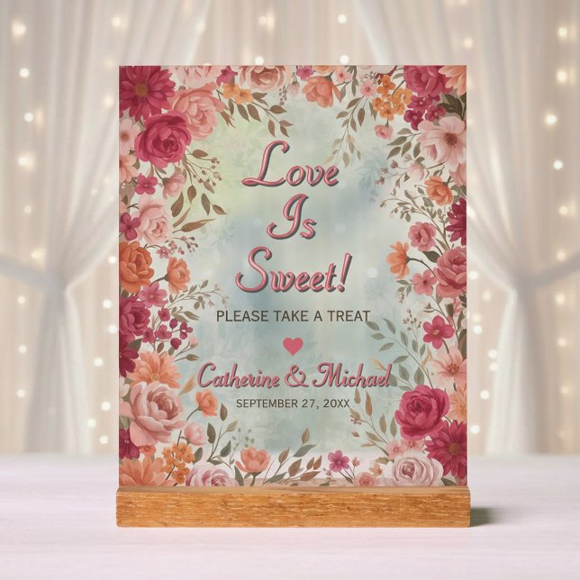 Panneau En Acrylique Pink & Red Romantic Spring Wedding Favors (Front view of pink red watercolor floral spring garden wedding favor treat sign decor)