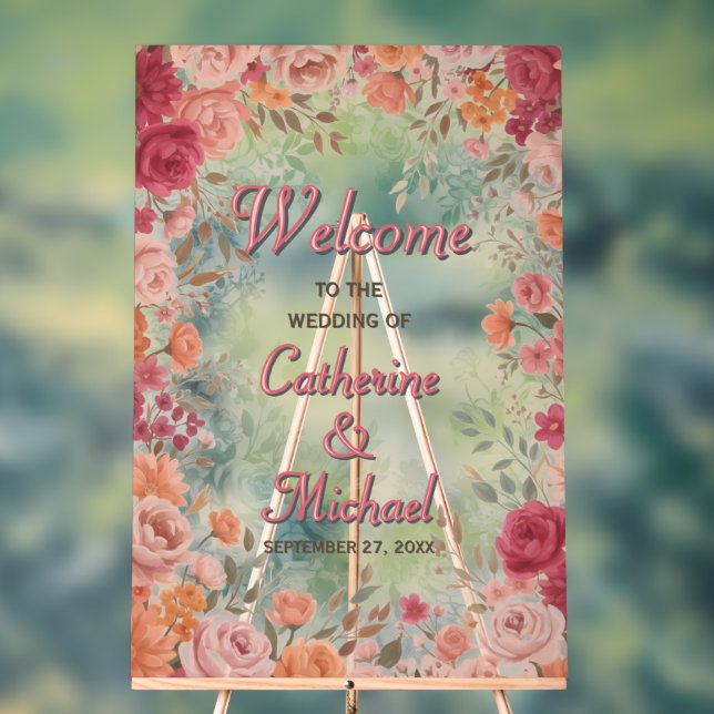 Panneau En Acrylique Pink & Red Romantic Spring Wedding Welcome (Neutre)