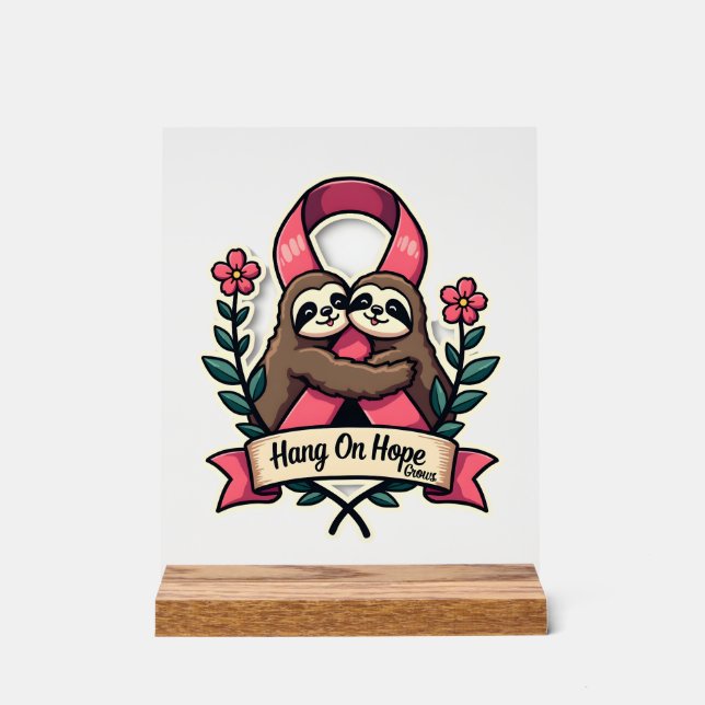 Panneau En Acrylique Pink Ribbon Sloth Support Vintage Awareness Art (Recto)