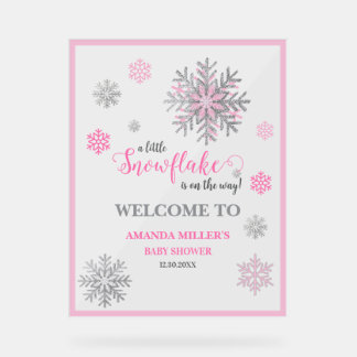 Panneau En Acrylique Pink Silver Snowflake Baby Shower Acrylic Sign 