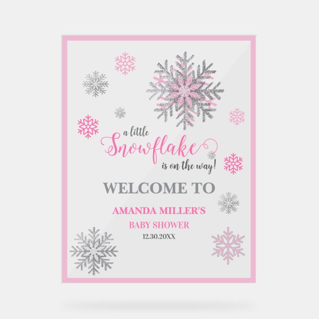 Panneau En Acrylique Pink Silver Snowflake Baby Shower Acrylic Sign  (Recto)