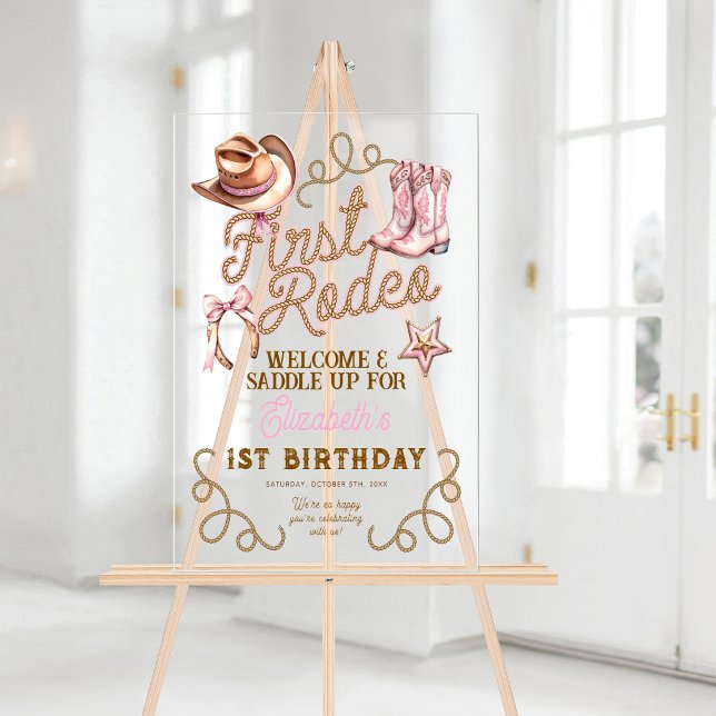 Panneau En Acrylique Pink Western First Rodeo Birthday Welcome (Pink Western First Rodeo Birthday Welcome Acrylic Sign)