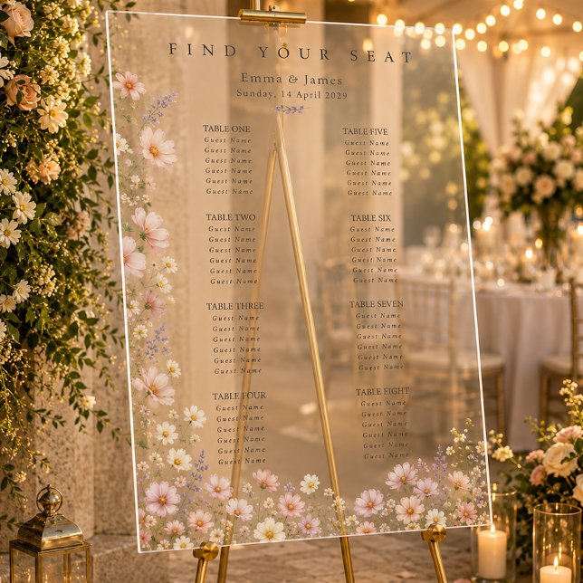 Panneau En Acrylique Plan de table de mariage aux fleurs sauvages fanta (Whimsical Wildflowers Wedding Seating Acrylic Sign)
